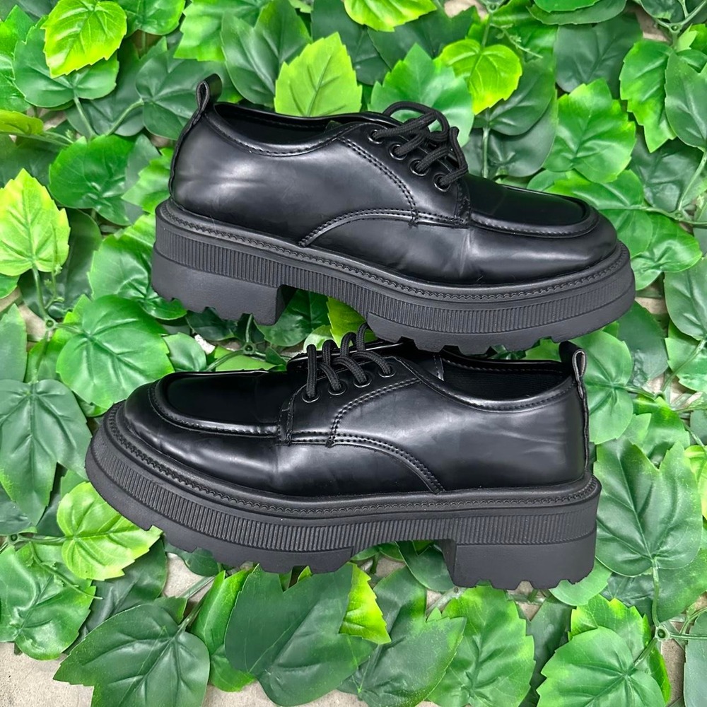 Black Chunky Platform Derby Shoes Lug Sole Size 37